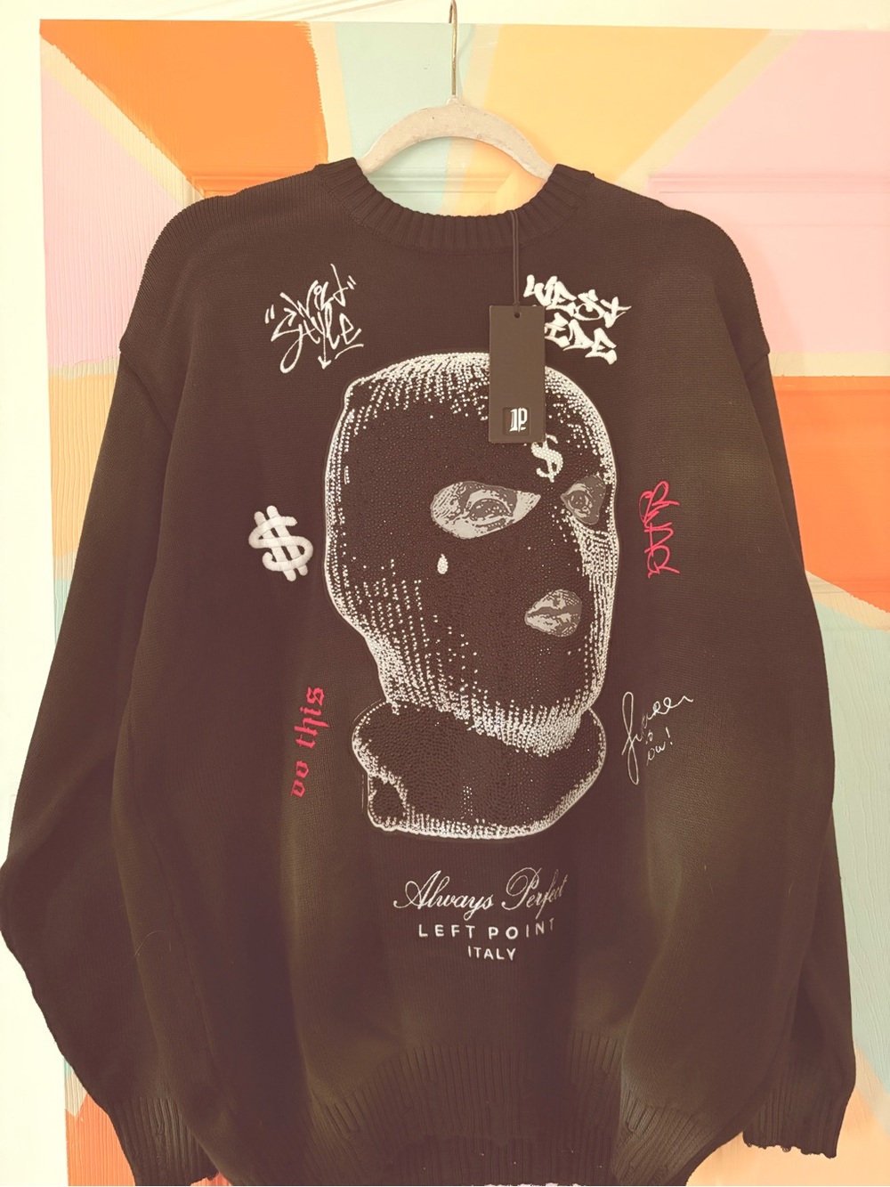 Left Point Italy Bedazzled Ski Mask Graphic Sweater Large